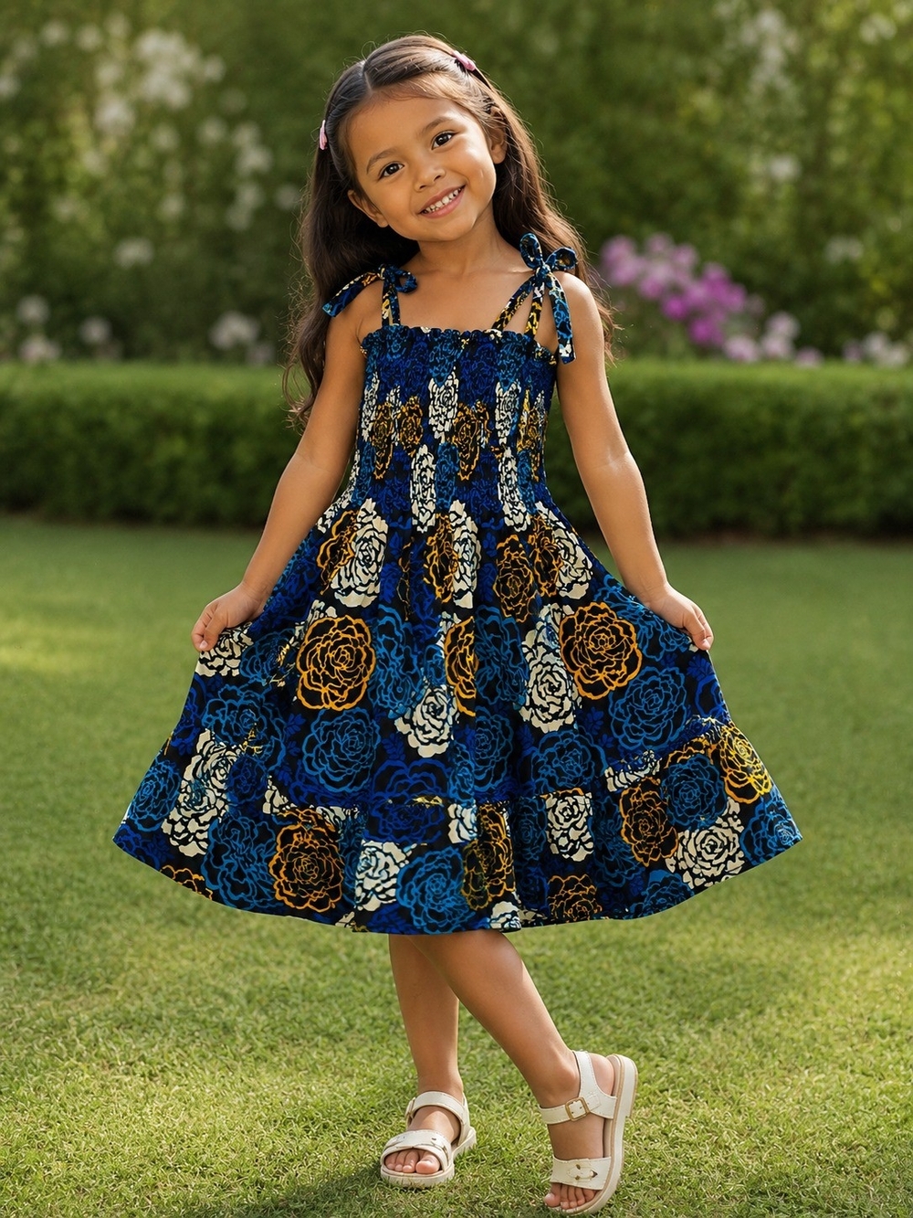 Smocked Tie-Shoulder Floral Sundress for Girls - Blue Multi